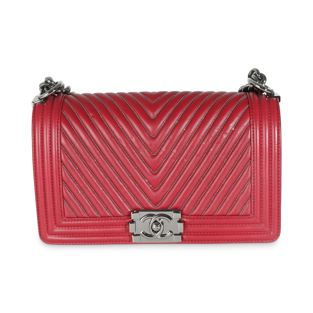 Chanel Burgundy Chevron Calfskin Chain Medium Boy Bag